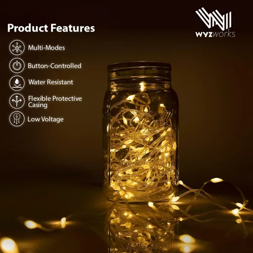 Vista 2 de Tira de luces LED de 33 pies, 100 luces LED de hadas de cinta estrellada flexible, 8 modos con temporizador de 6 horas, impermeable, cable Blanco