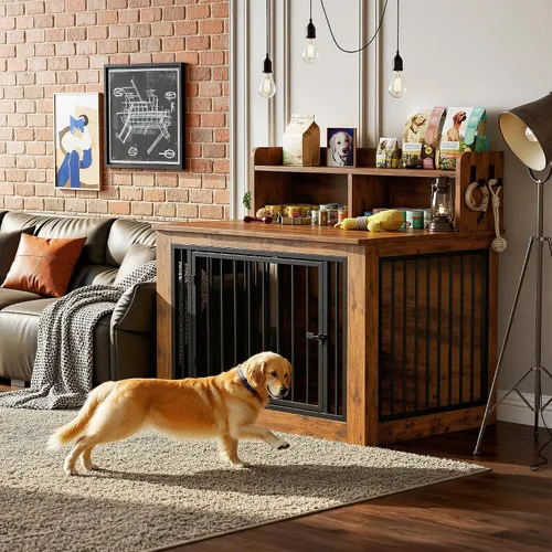 Vista 8 de IRONCK Mueble de jaula extragrande para perros, jaula de madera de 43.3 pulgadas con almacenamiento y 4 ganchos, jaula resistente para perros