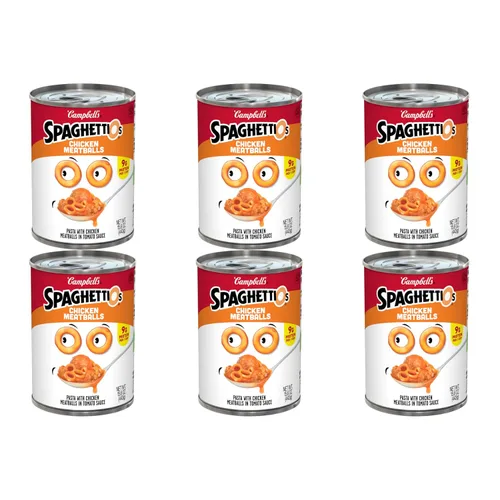 Vista 30 de SpaghettiOs Pasta enlatada con albóndigas A to Z's, lata de 15.6 onzas