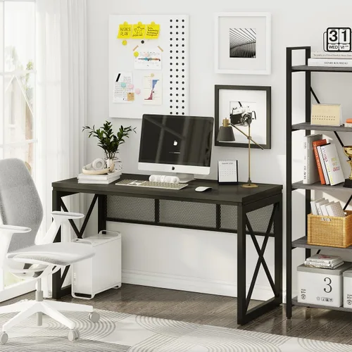 Vista 9 de BON AUGURE Escritorio negro para computadora, escritorio moderno para juegos, escritorios de oficina de madera industrial, escritorios de escritura