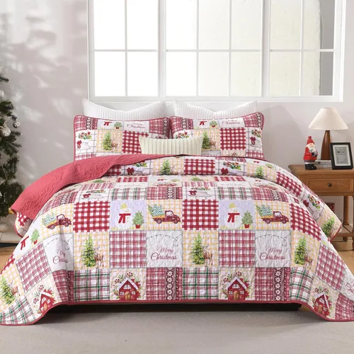 Luxudecor Juego de edredón de Navidad tamaño King de 3 piezas, colcha de Navidad de retazos rojos con fundas de almohada, colcha reversible suave,