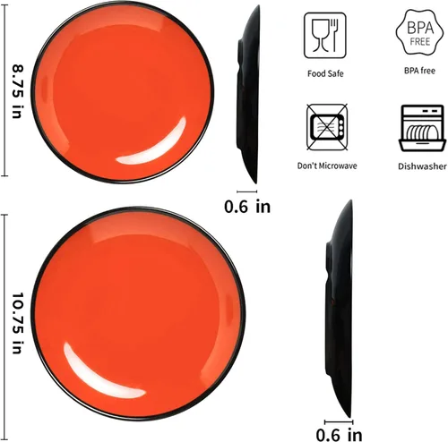 Vista 5 de TP Platos de cena de melamina de 8.5 pulgadas, juego de 6 platos irrompibles para servir en interiores y exteriores, servicio para 6, negro y rojo