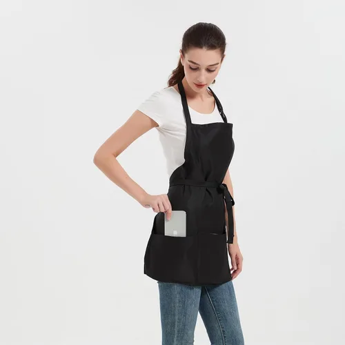Vista 3 de Delantales para mujer con 3 bolsillos, delantal de cocina con revestimiento impermeable, delantal de chef con correa ajustable para el cuello Negro