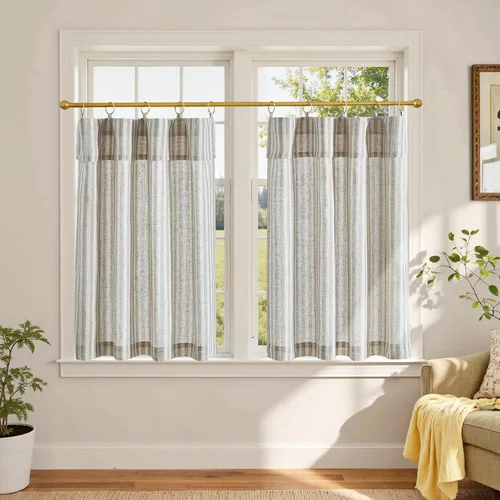 Vista 89 de jinchan - Cortinas de lino a rayas para cocina de 20 pulgadas de largo, cortinas de varios niveles, estilo granja moderna de café, tratamientos
