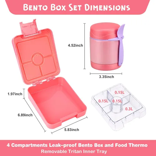 Vista 5 de Juego de lonchera Bento con termo de sopa de 10 onzas, recipientes de almuerzo a prueba de fugas con 4 compartimentos, tarro térmico para alimentos