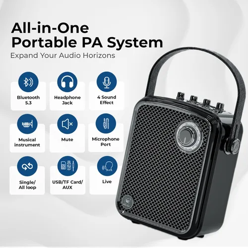Vista 3 de Amplificador de voz con 2 micrófonos inalámbricos, altavoz Bluetooth portátil de 70 W con micrófono, sistema de altavoces PA pequeño, máquina