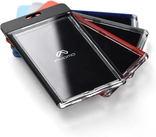 Vista 6 de Phomo Portatarjetas de identificación de aluminio con clip de metal y cordón de identificación, soporte vertical transparente para tarjetas