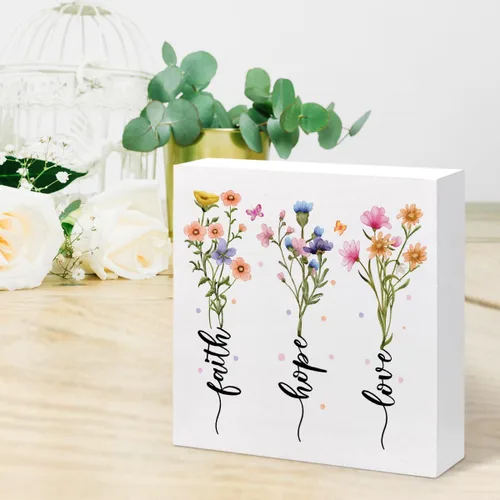Vista 6 de Letrero de madera con texto en inglés "Bible Faith Love Hope" para decoración de escritorio, rústico, cristiano, inspirador, letrero de madera