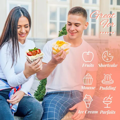 Vista 4 de Zezzxu Vasos de postre de 8 onzas con tapas y cucharas, 50 juegos, recipientes cuadrados de plástico para postres con tapas de cúpula y tenedores