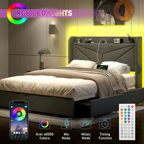 Vista 3 de Base de cama Queen con luces LED y estación de carga, cama de plataforma tapizada con 4 cajones de almacenamiento y cabecera de almacenamiento