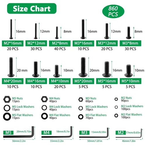 Vista 4 de 860 piezas Juego de surtido de tornillos métricos, tornillos de máquina M2 M3 M4 M5 con tuercas de bloqueo y arandelas planas, acero de aleación
