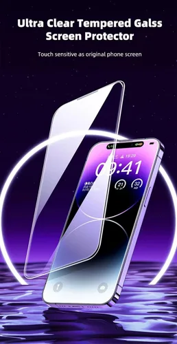 Vista 4 de Protector de pantalla de vidrio templado para iPhone 14 Pro Max, película de vidrio templado con fácil instalación, antiarañazos y sin burbujas