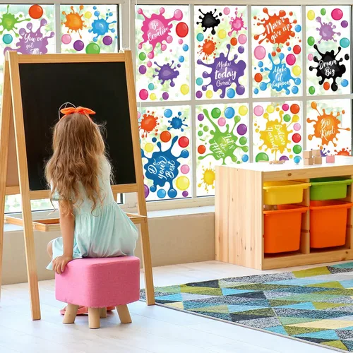 Vista 3 de Whaline 9 hojas de frases inspiradoras para el regreso a clases, calcomanías de ventana de salpicaduras de tinta colorida, calcomanías de ventana