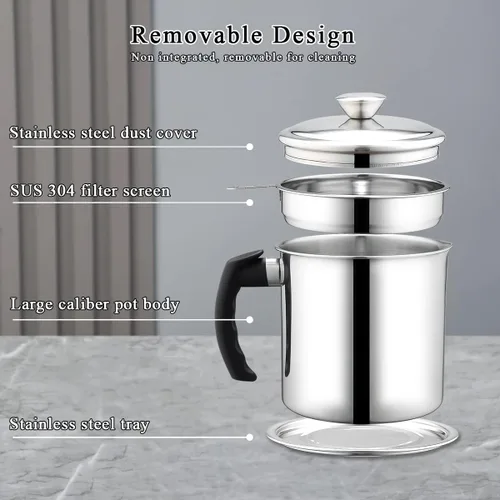 Vista 5 de Berglander Recipiente de grasa de tocino con colador de 47 oz/1.4 L, recipiente de almacenamiento de aceite de acero inoxidable con filtro de malla