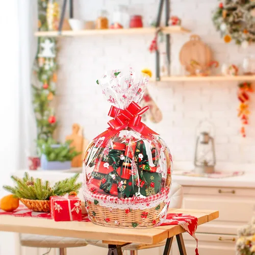 Vista 4 de JOYIT Rollo de celofán navideño de 100 pies (35 pulgadas x 100 pies) – Rollo de celofán de 3 mil de grosor, bolsas de celofán navideñas grandes