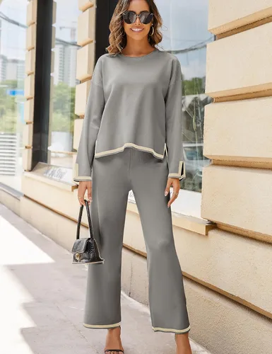 Vista 2 de Tanming Conjuntos de 2 piezas para mujer, suéter de punto de manga larga, pantalones de pierna ancha, conjuntos de ropa deportiva