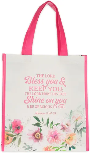 Vista 9 de Christian Art Gifts Bolsa de compras reutilizable floral Bumble Bee Versículo bíblico de fe, multicolor, Romanos 5:1, fácil de sostener, bolso Verde