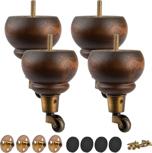 Vista 12 de Patas de madera para muebles de 4 pulgadas con ruedas giratorias, paquete de 4 patas redondas de madera maciza negra clásica de repuesto
