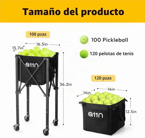 Vista 3 de A11N - Tolva de pelota de tenis de pickleball – Cesta resistente de gran capacidad para 120 pelotas, equipo de práctica de pickleball