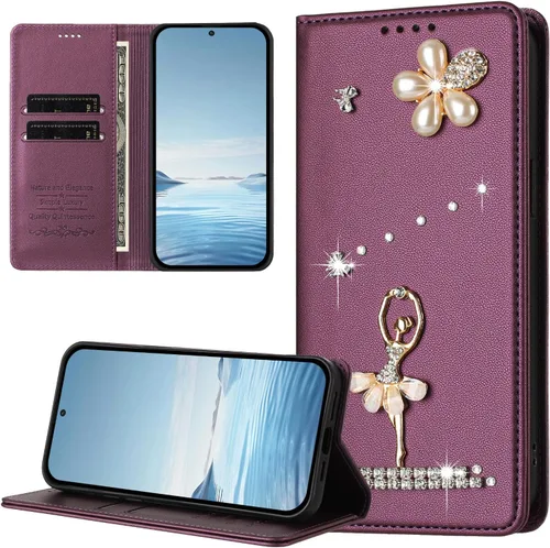 Vista 8 de Wallet Case for Motorola Moto E22 4G / E22i 4G,Glitter Pearl Flower Ballerina Flip Case Card Slots Stand RFID Blocking PU Leather Magnetic