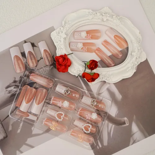 Vista 3 de Uñas postizas largas cuadradas a presión, uñas postizas con punta francesa con clavos, diseño de lazo, rosa, cobertura completa, uñas postizas extra