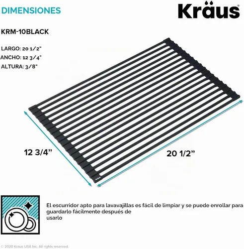 Vista 6 de Kraus Escurreplatos multiusos enrollable para encima del fregadero, con colador y esterilla en negro, KRM-10BLACK