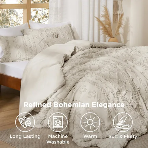 Vista 4 de Bedsure Juego de edredón con diseño de nudos estilo bohemio tamaño individual - Juego de ropa de cama de lino estilo bohemio, GentleSoft™ 2 piezas