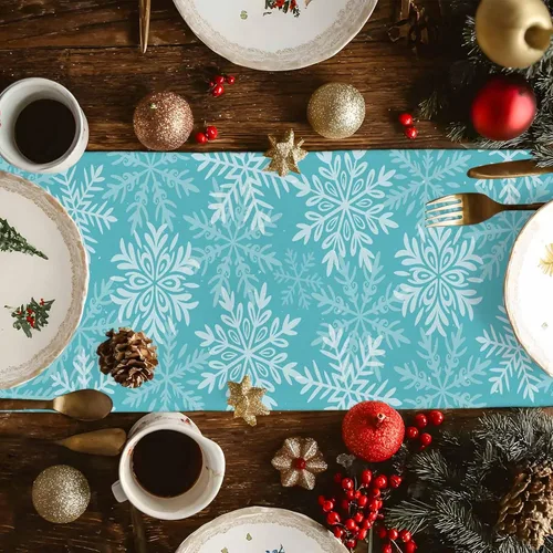 Vista 5 de Christmas Table Runner Snowflake Winter Holiday Table Runners for Christmas Non-Slip Teal Blue Dinner Runner Party Decorations 13x36 Inch