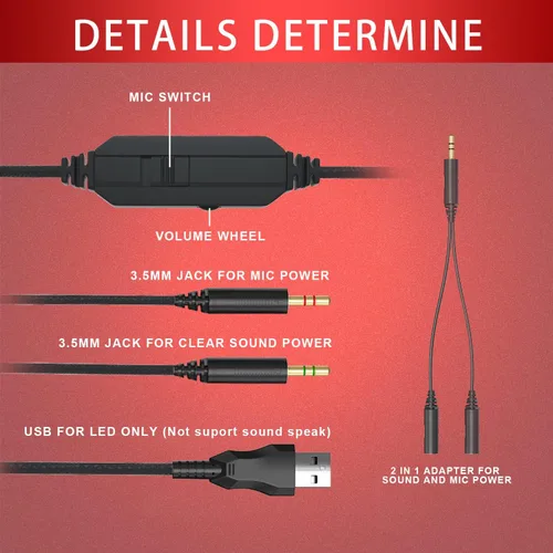 Vista 2 de Anivia MH601 - Auriculares con micrófono LED con cable con micrófono de cancelación activa de ruido conector de audio estéreo de 0138in color rojo