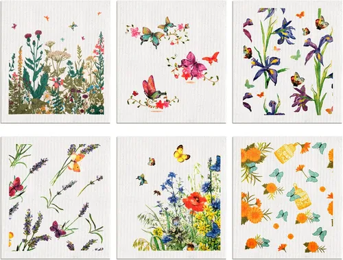Geiserailie 6 paños de cocina suecos con mariposas, flores silvestres, paños de cocina reutilizables, esponjas, absorbentes, de secado rápido