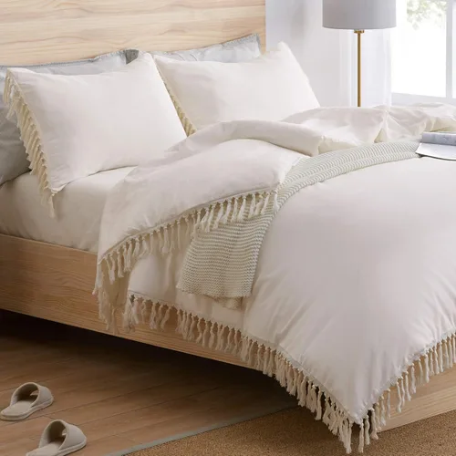 Vista 10 de Juego de ropa de cama de 2 piezas con borlas copetudas de macramé blanco y rosa bohemio, bohemio, elegante, tamaño individual/individual XL, funda