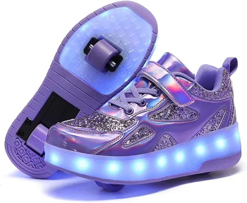 Vista 6 de Wooowyet - Tenis con ruedas y luces LED para niños y niñas, con ruedas, USB recargable, cierre de gancho y bucle