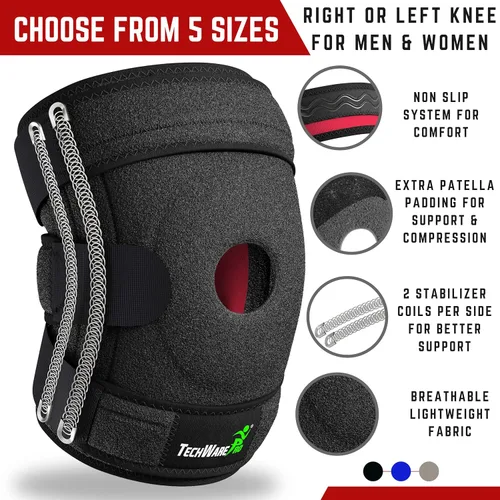 Vista 4 de TechWare Pro Rodillera - Rodilleras para dolor de rodilla. Alivia ACL, LCL, MCL, desgarro de menisco, artritis, dolor de tendinitis. Estabilizadores