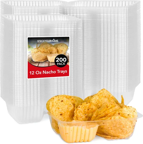 Vista 11 de Bandejas de nachos de plástico de 12 oz (100 unidades) Bandeja pequeña desechable para nachos y salsa de queso, suministros para puestos de venta
