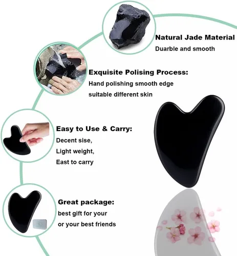 Vista 3 de Ditind Herramientas faciales Gua Sha, herramienta de masaje Gua Sha de obsidiana negra, herramienta de guasha de jade natural para masaje de piel
