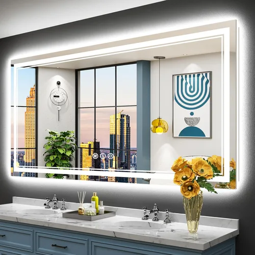 Vista 77 de Espejo de baño LED de 48 x 30 pulgadas con luces, retroiluminado + frontal iluminado, espejo de tocador con luz antiniebla para pared de baño con 3