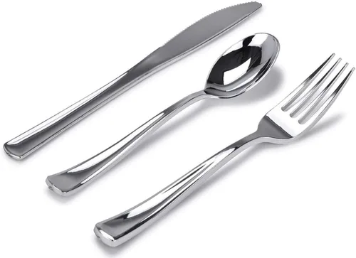 Vista 23 de Juego de cubiertos de plástico resistente (dorado) de 75 piezas, juego de cubiertos desechables, ideal para fiestas, bodas y catering, cubiertos