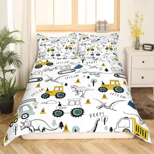 Juego de ropa de cama de construcción tamaño matrimonial para niños, con dibujos animados, excavadora, tractor, juego de funda de edredón para
