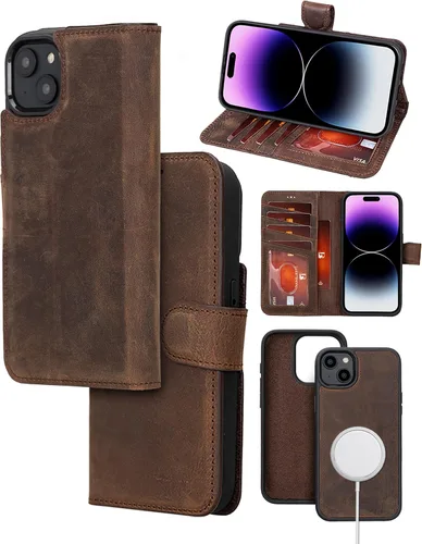 Vista 15 de Bayelon Funda para iPhone 14, funda de cuero de grano completo, [2 en 1], funda magnética desmontable con ranuras para tarjetas, soporte y función