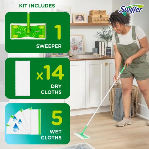 Vista 12 de Swiffer Sweeper 2-en-1, limpiador de piso de superficie múltiple seco y húmedo, barrido y mopping kit de inicio. Incluye 1 mop + 19 recargas