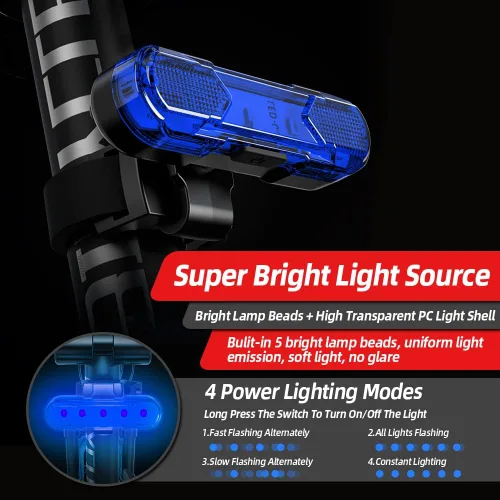 Vista 4 de VICTGOAL Paquete de 2 luces traseras para bicicleta, luz trasera LED brillante recargable por USB con 4 modos de iluminación, luz intermitente
