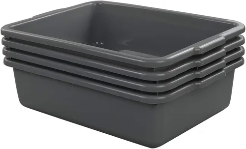 Vista 4 de Paquete de 4 bañeras de autobús, caja de mano comercial, caja de autobús de plástico (capacidad de 13 L), color gris