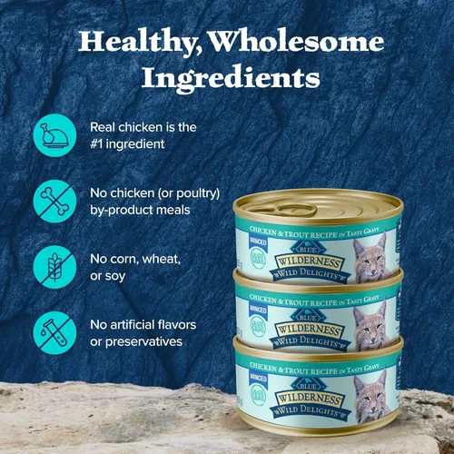 Vista 5 de Blue Buffalo Wilderness Wild Delights - Comida húmeda para gatos troceada, alta en proteínas y sin cereales, hecha con ingredientes naturales
