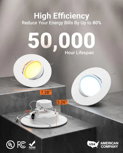 Vista 4 de Sunco - Luces LED de 5/6 pulgadas para lata, iluminación empotrada, cardán ajustable, 800 LM, 12 W = 60 W, CCT seleccionable 2700 K/3000 K/3500