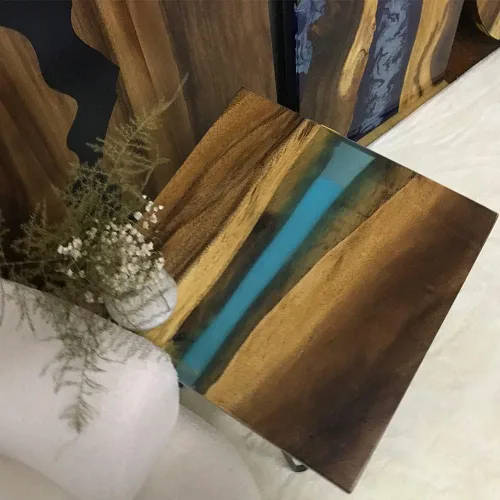 Vista 124 de Mesa de epoxi transparente, mesa de sofá con forma cuadrada, mesa auxiliar de resina de madera, mesa de centro de madera con borde natural para sala
