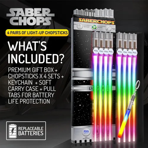 Vista 2 de Lightsable - Palillos de sable de sable de luz LED con luz brillante, palillos de sable de sushi, reutilizables, divertidos, Geeky Starwars, juego