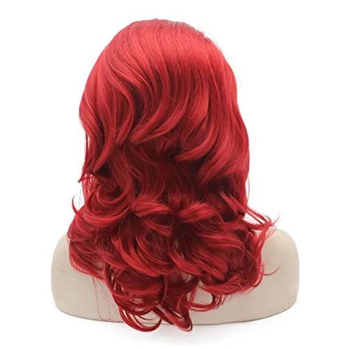Vista 4 de Mxangel Peluca de cabello sintético rojo ondulado medio largo con encaje frontal para cosplay