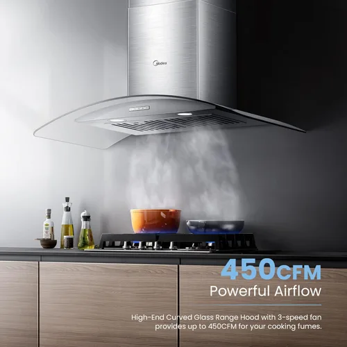 Vista 4 de Midea MVG30W8AST Campana extractora de ventilación de 30 pulgadas con conductos de montaje en pared con ventilador de escape de 450 CFM de 3