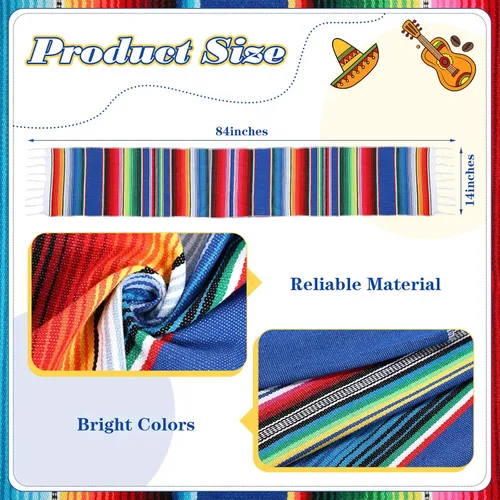 Vista 2 de 24 piezas de camino de mesa de sarape mexicano tejido a mano con flecos de algodón, camino de mesa colorido a rayas mexicanas para decoraciones