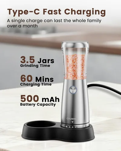 Vista 4 de Juego de Molinillo Eléctrico de Sal y Pimienta - Juego Automático de Molinillo de Sal y Pimienta Recargable de Acero Inoxidable con Base